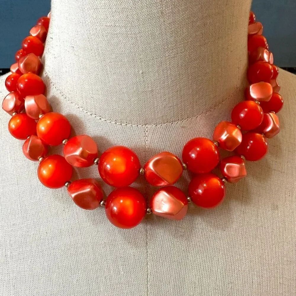 coro vintage double strand orange cats eye beaded necklace